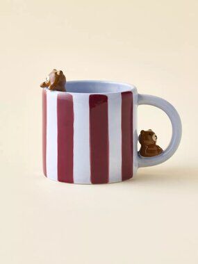 EUC Urban Outfitters Animal Friends Striped Teddy Bear Mug in Blue/Burgundy Stri